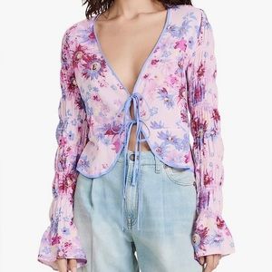 Free People “Venice” Blouse! Rose Combo Bell Sleeves and Tie Front